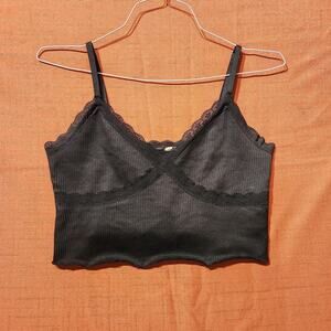Black Sz Medium Lace Trim V-Neck Cropped Ribbed Tank Top Y2K Punk Grunge 90s